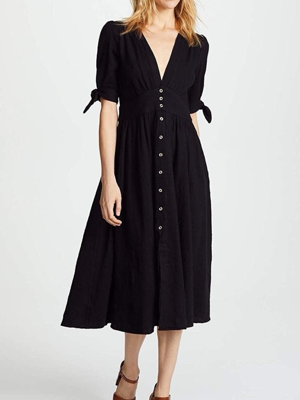 Free People Love of my Life Black V-Neck Button-Front Gauze Midi Dress Hemmed S
